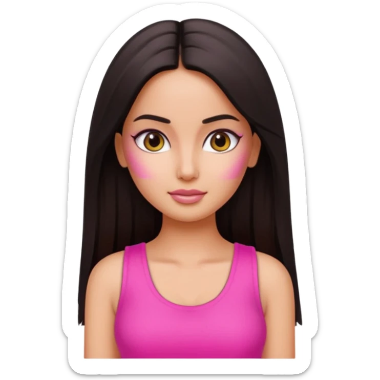 a pretty bratz emoji that looks like katrina kaif with straight side part hair wearing a neon pink sleeveless top sticker