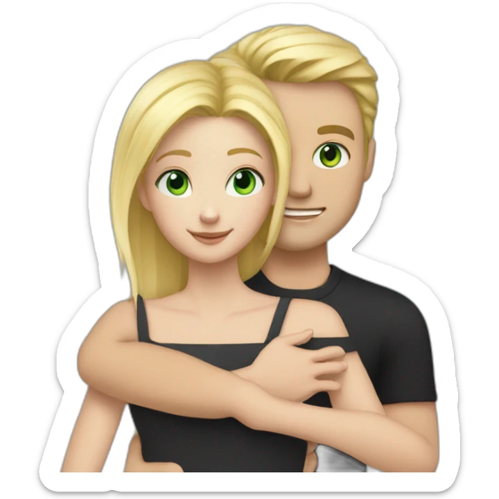 A couple of a girl with blonde hair and green eyes, and a man with black hair and black eyes, that are hugging sticker