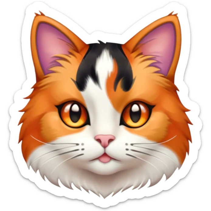 Cinematic Cute Calico Cat Portrait Emoji, Head tilted playfully with sparkling, inquisitive eyes and a charming patchwork fur of orange, black, and white, simplified yet irresistibly adorable, highly detailed, glowing with a warm, inviting glow, high shine, bubbly and affectionate, styled with a touch of whimsical feline charm, soft glowing outline, capturing the essence of a delightfully cute calico cat that looks as if it could prance off the screen into your heart! sticker
