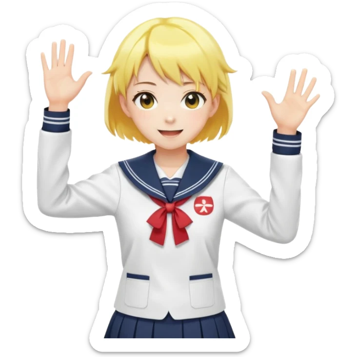 Anime girl with short bright yellow hair wearing Japanese sailor style school uniform, composed posture with hand on hip but energetically waving with other hand, excited smile and happy eyes sticker