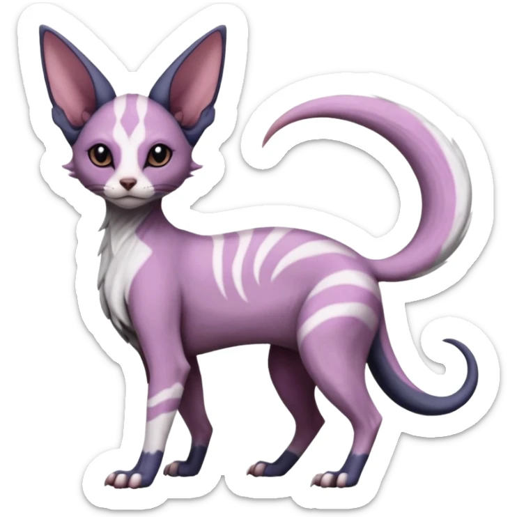 Fluffy, Purple, white, black, Minccino-Sphynx-Lykoi-Linoone-Zangoose-fusion-hybrid-animal-Fakémon-creature, full body, thin long sleek scaly tail, intricate markings sticker