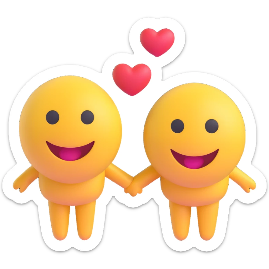 3D smiley emoji, round shape, in love, boy and girl smileys holding hands, hearts, no body sticker