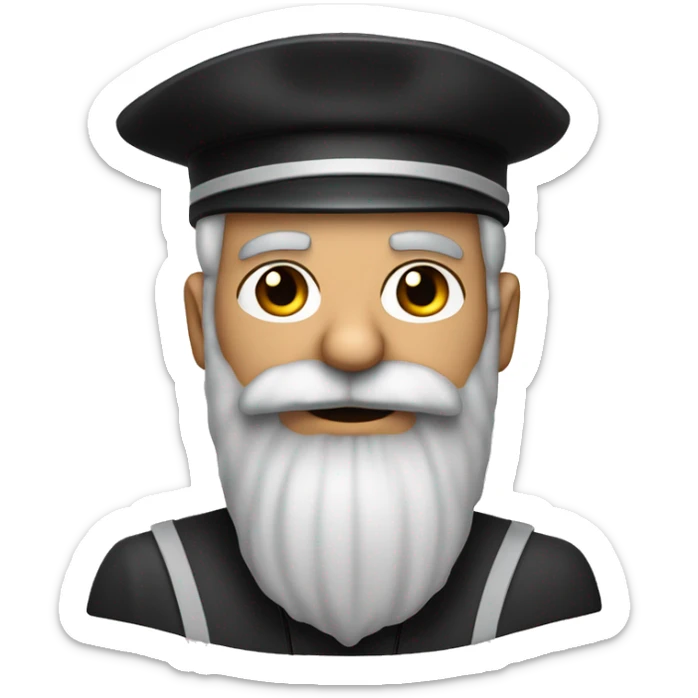 a judge with salt and grey hair and salt and pepper colored beard  who is wearing a captain hat sticker