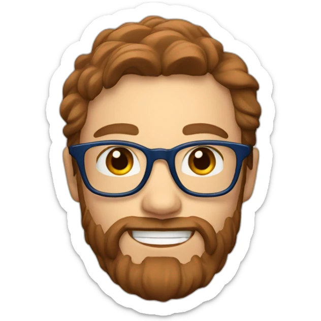 Scandinavian with blue eyes long and brown hair and a beard and red glasses and a big smile sticker