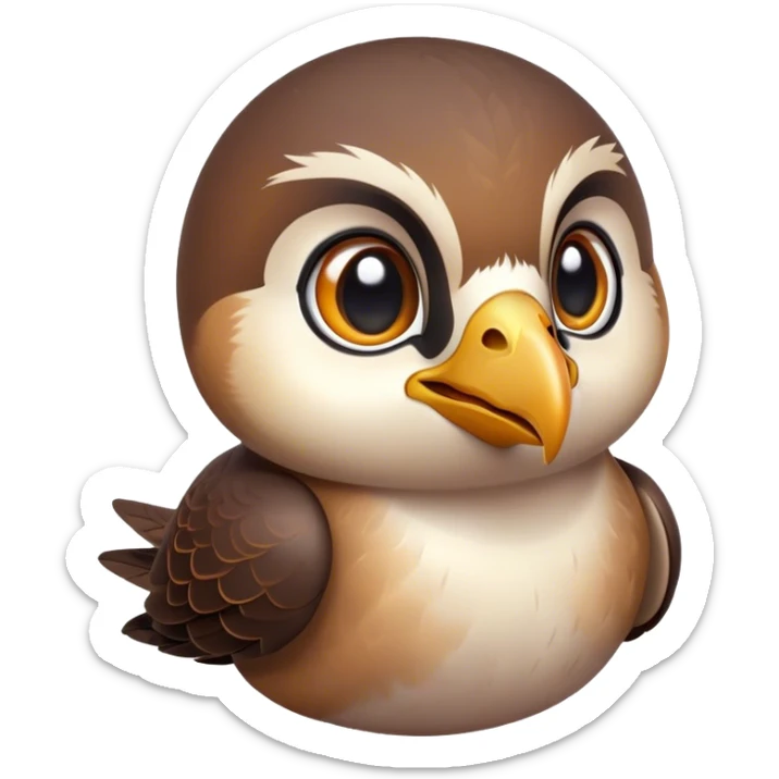 Cinematic Cute Falcon Portrait Emoji, Head tilted playfully and inquisitively, featuring a sleek, agile form with a delicately curved beak and round, sparkling eyes full of spirited charm, Simplified yet irresistibly adorable features, highly detailed, glowing with a warm, inviting glow, high shine, affectionate and lively, stylized with a touch of whimsical aerial grace, soft glowing outline, capturing the essence of a mischievous yet endearing falcon that seems as if it could dart out of the screen into your heart! sticker