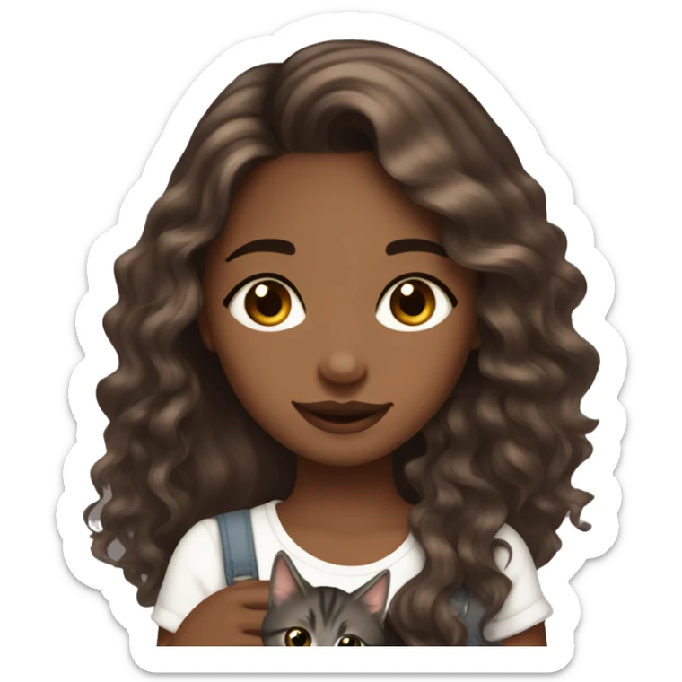 pretty brown skinned girl with long brown wavy hair long eyelashes and a chin dimple holding a dark gray kitten  sticker