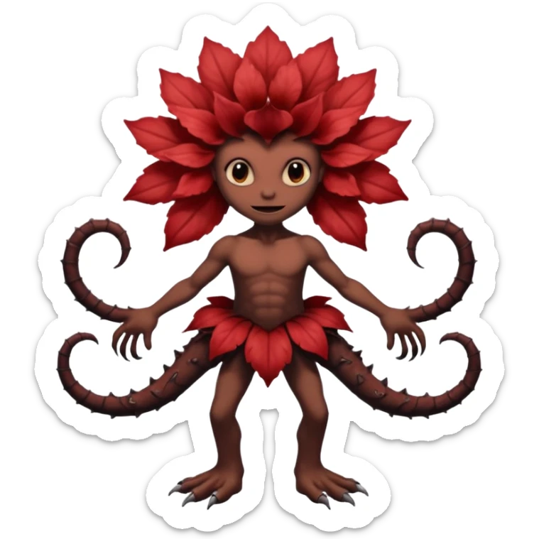 A flower like a monster with arms and legs, the body is a little bit black and the another bit brown like a demogorgon the head part red sticker