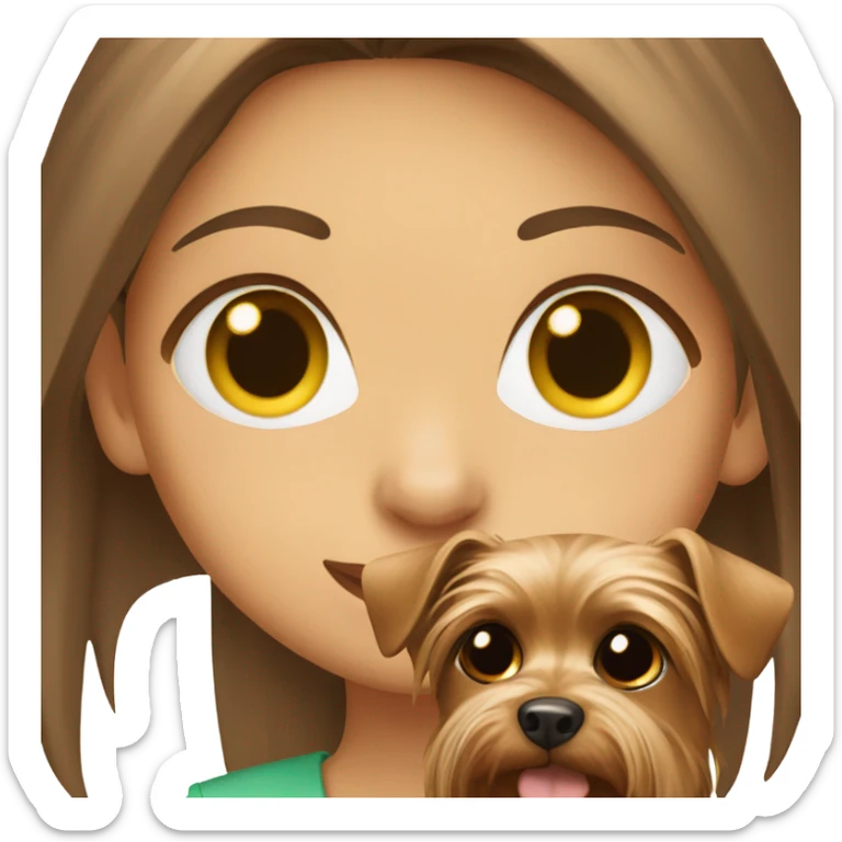 Green eyed girl with brown hair holds Yorkshire Terrier sticker