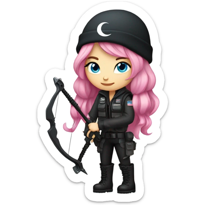 white girl, tactical vest, dark pants, pink hair, blue eyes, black beanie hat with crescent moon and stars on front, bow and arrow, black combat boots sticker