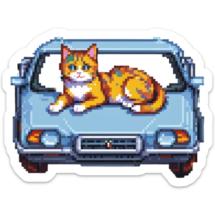 a playful cat lying on the roof of a car, pixel art style sticker