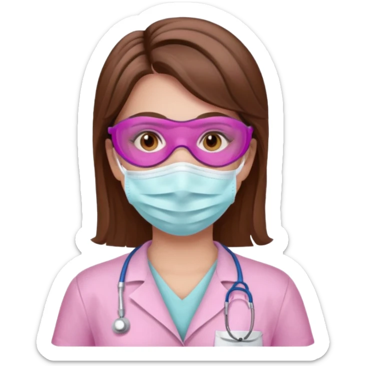 Dentista mujer con mascarilla rosada, cabello marron, piel blanca, camisa rosada, ojos marrones, sin lentes sticker