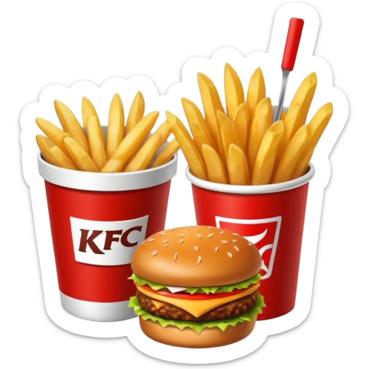 Plateau rouge avec dessus une bucket de poulet KFC , des frite dans un pot, un burgers et un coca sticker
