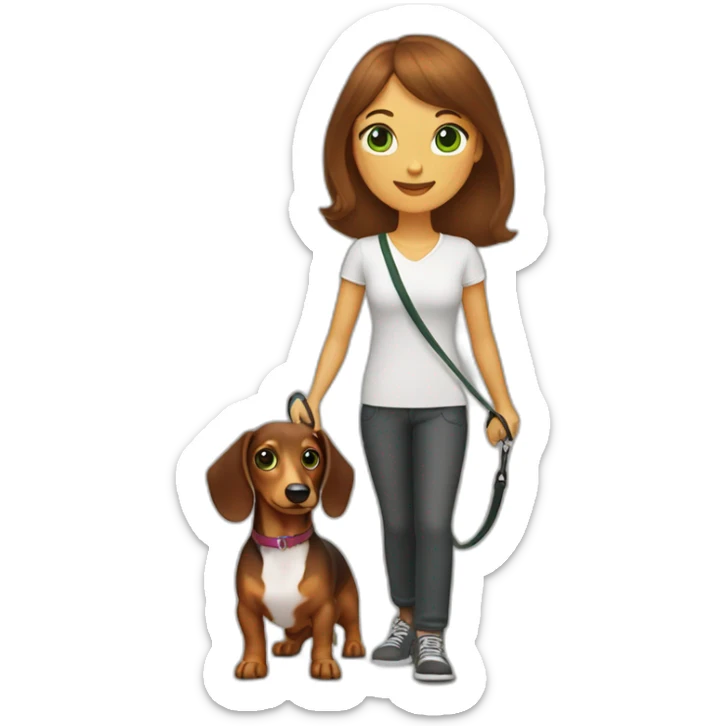 A woman with shoulder-length brown hair, straight bangs and green eyes has a rough-coated dachshund on a leash. sticker