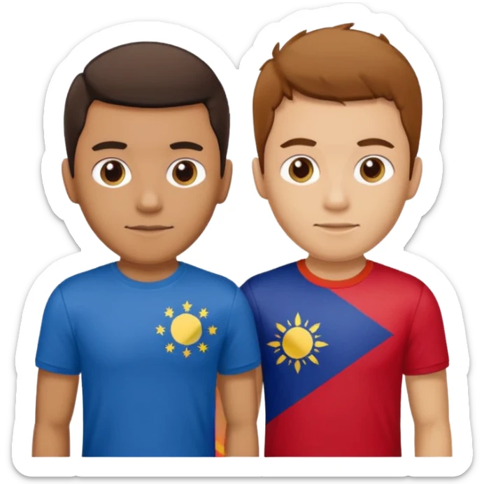 2 male Best buds , one in showing Philipines flag tshirt, one is showing Spanish flag in tshirt sticker