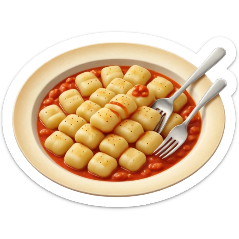 Gnocchi Cinematic Realistic Gnocchi Dish Emoji, depicted as tender oblong potato gnocchi garnished with iconic fork marks on top, rendered with soft textures and warm, inviting lighting. add red sauce sticker