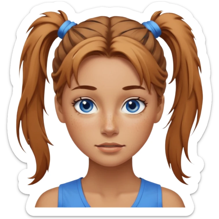 Attractive Woman with tan skin, blue eyes, wide face, freckles, and a messy ponytail  sticker