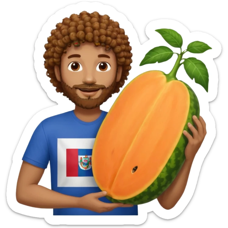 A very happy papaya hugging a curly hair man with a beard and Dominican flag on his shirt   sticker