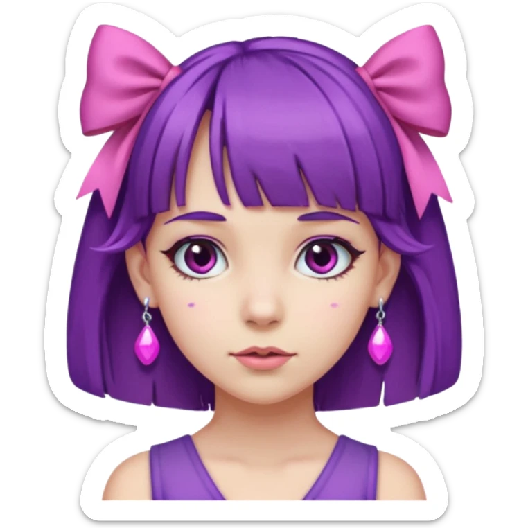 girl with bangs and purple hair and pink hairbow on the side of head and earrings sticker