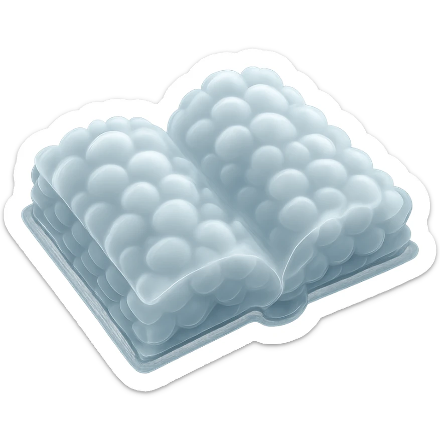 top view of a thick open book made entirely of small, very bright white fluffy convex clouds, matte glass style, emphasis on volume and airiness, no background sticker