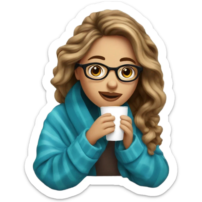 Balayage hair Girl drinking coffee, with a cozy blanket wearing glasses with blue eyes  sticker