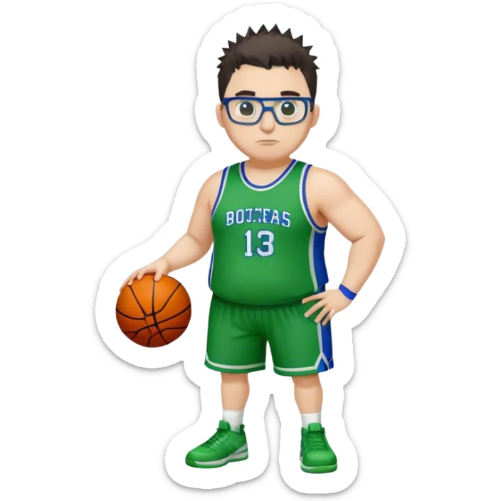 Full Body overweight white male with dark short spike hair basketball player wearing glasses wearing blue green uniform sticker