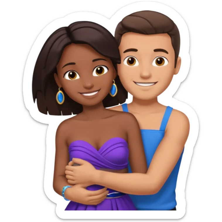 Tan brunette European male in blue shirt smiling and hugging a jet black African girl in purple strapless dress and blue jewelry sticker