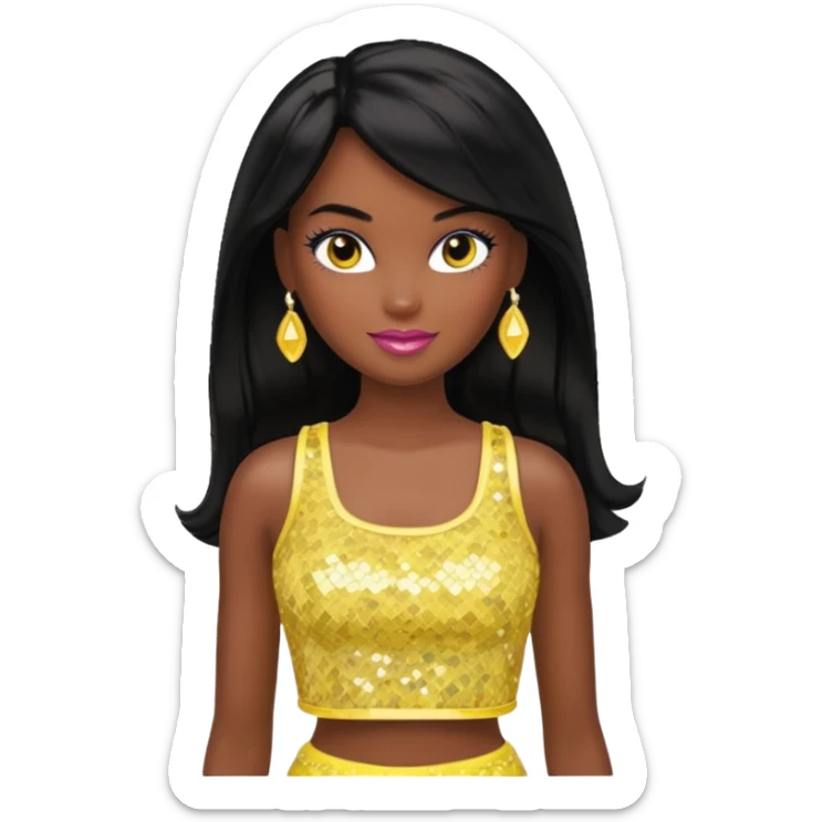 Christie from Barbie & Friends with brown eyes, long black hair, yellow sequin crop top, dark skin sticker