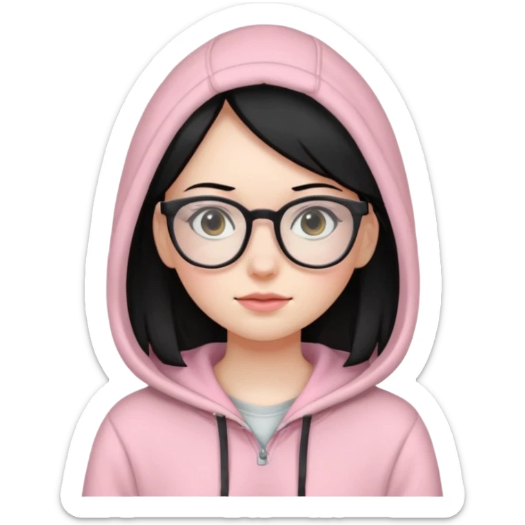 Girl wearing light pink hoodie with glasses pale skin and black hair sticker