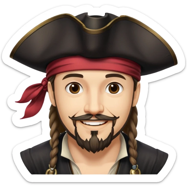 "- Nam
- 35 tuổi
- Da trắng
- Râu quai nón
-  Cướp biển caribe
- Cười mỉm, đội mũ cướp biển màu đen sticker