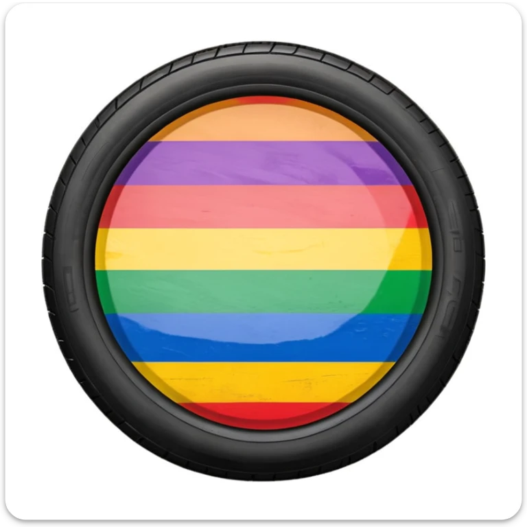 LGBT pride flag background with vibrant colors, bold black tire skid marks across the flag, realistic but artistically blended, compact high contrast emoji style sticker