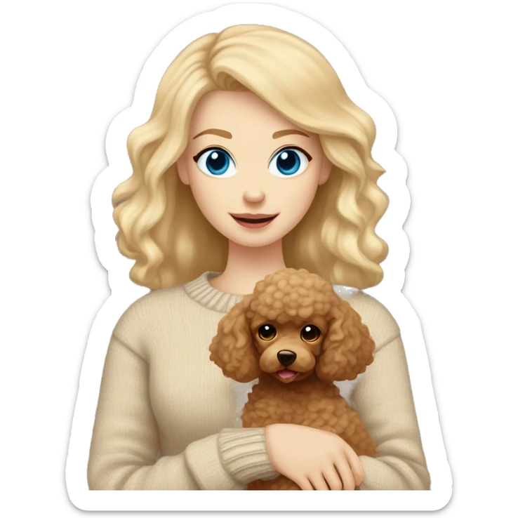 Pretty blue eyed white girl with blonde hair in a beige sweater holding a brown sweet toy poodle sticker