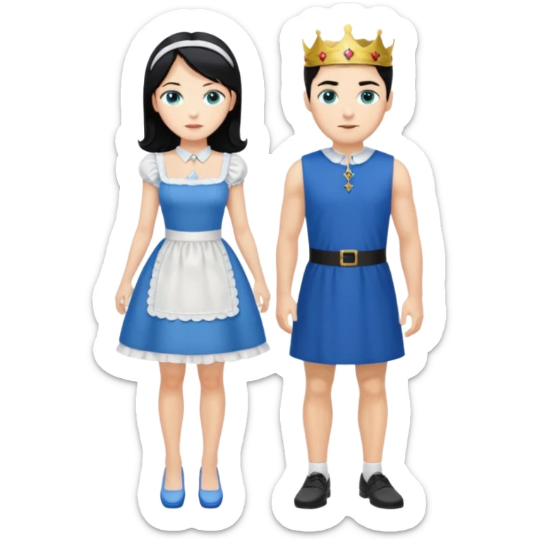 King, black hair, body, legst, blue eyes, blue garmont,  shoes, blonde maid, green eyes, sexy short sleveless White dress, shoes sticker