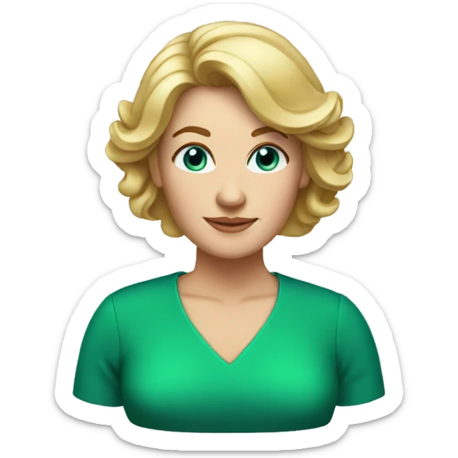blonde hair 50 year old woman, should length hair, blue eyes, green dress sticker