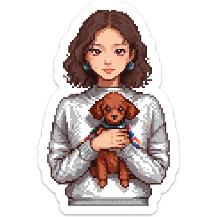 average sized Asian woman with dark brown eyes and hair, wearing a knit jumper, holding a small red poodle sticker