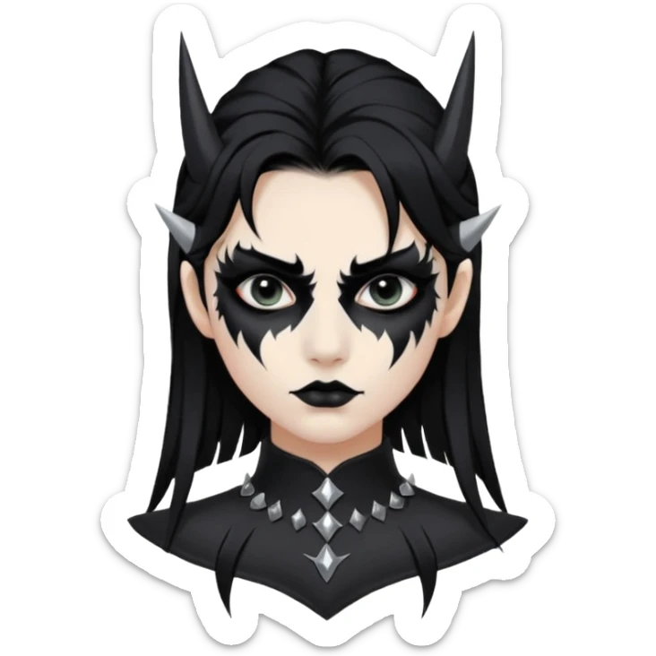 Crea una ragazza con stile black metal,  paint face black metal, capelli neri mossi dalle spalle e occhi bianchi e un collare con borchie a punta sticker