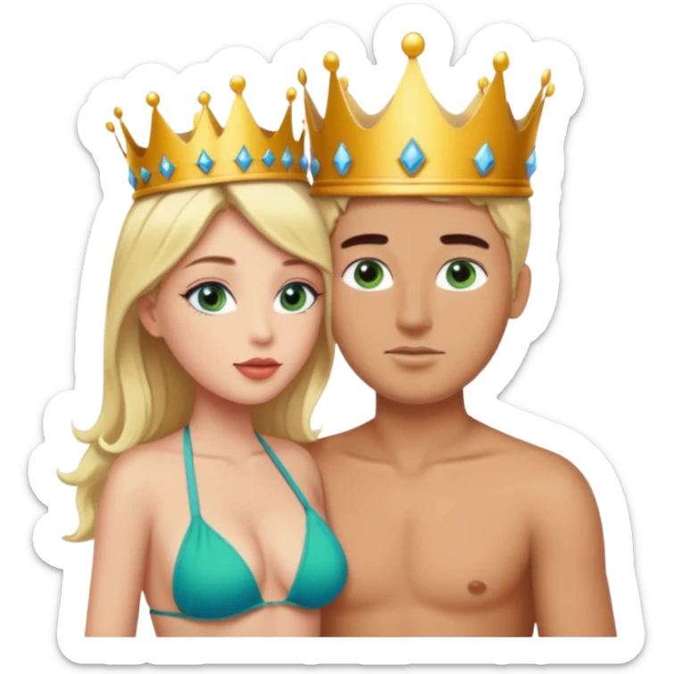 Blonde Queen Green eyes with crown in Bikini kissing Male subject without crown dark Hair blue eyes sticker