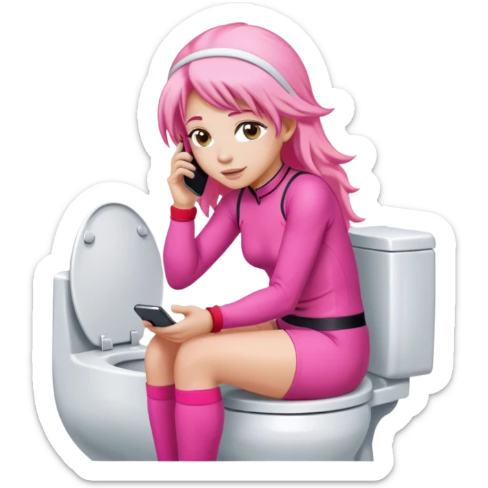 Long Pink haired female Jockey sat on the toilet with her mobile phone  sticker
