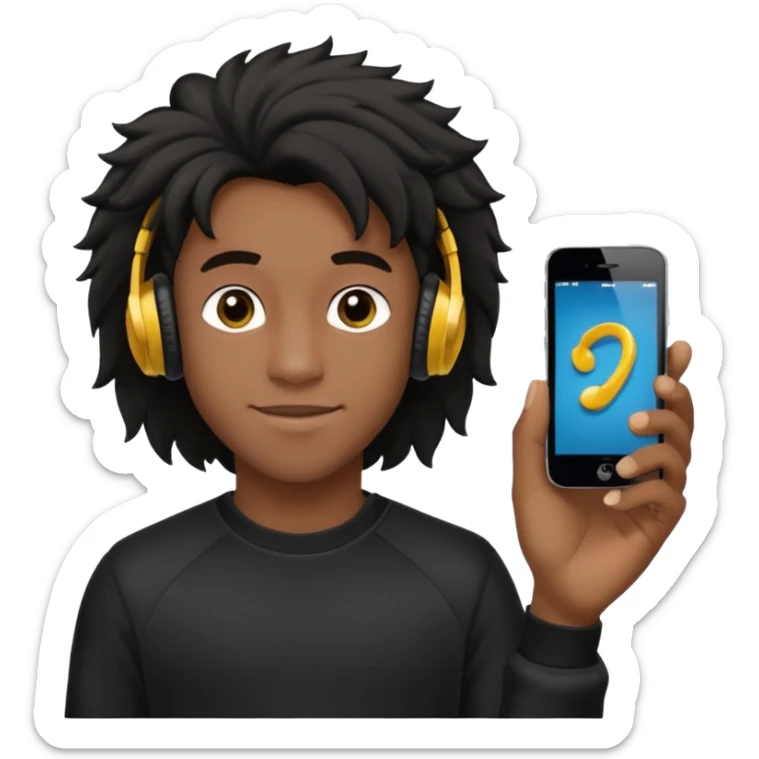 Faça um garoto adolescente de cabelo cacheado preto médio sorrindo, com fones de ouvido Bluetooth e um moletom branco sticker