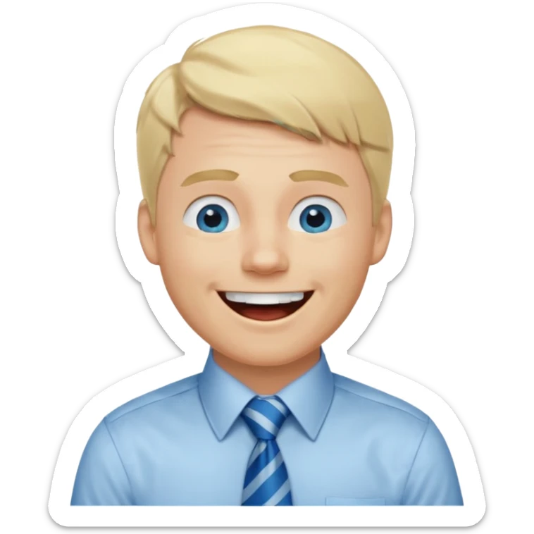 A guy with blonde hair and blue eyes that looks masculine. make him wear a shirt with a tie. he is danish. He is laughing extremely hard sticker