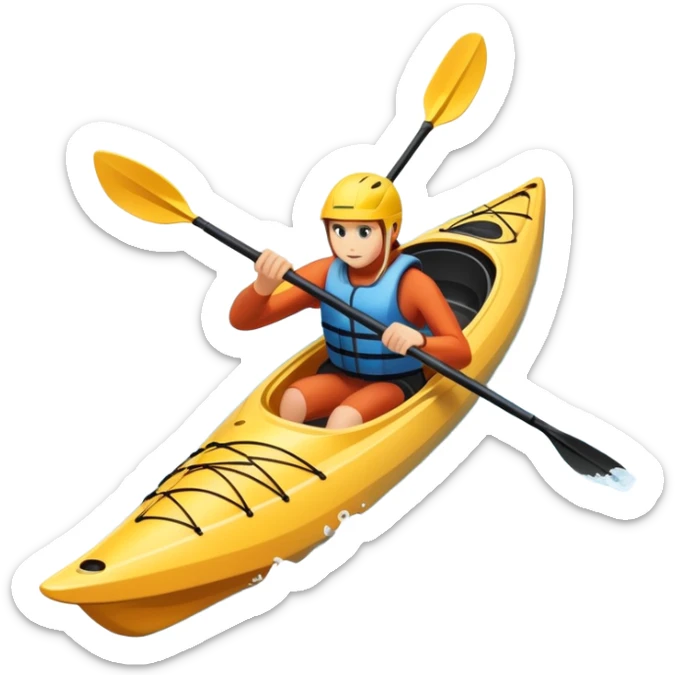 An icon showing a close-up of a sleek kayak with double-bladed paddles gliding through water. Splashes surround the boat as it cuts across a calm surface, symbolizing speed and focus. Transparent background emphasizes the dynamic and personal nature of kayak paddling. sticker