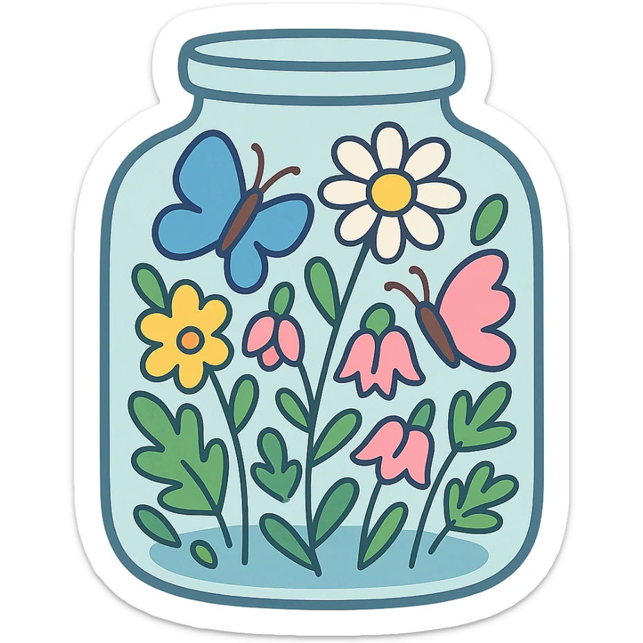 glass jar filled with forest flowers and butterflies, pastel-toon style sticker