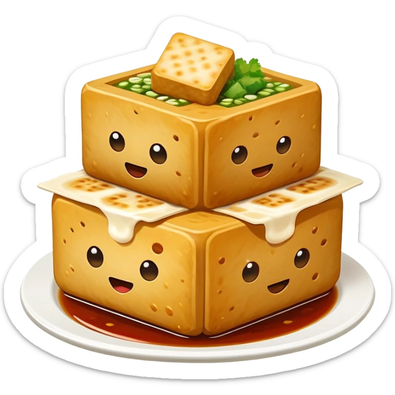 Changsha Stinky Tofu with visible steam and sauce, simplified emoji style with bold outlines and bright colors, cartoon style famous fermented snack sticker