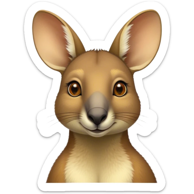Cinematic Noble Wallaby Portrait Emoji, Poised and regal, with a compact, agile build and a soft, well-groomed fur of warm tan and light brown hues, deep-set soulful amber eyes and perky ears, Simplified yet sharp and sophisticated features, highly detailed, glowing with a soft, dignified glow, high shine, intelligent and spry, stylized with an air of bushland elegance, focused and attentive, soft glowing outline, capturing the essence of a watchful and confident marsupial, so majestic it feels as though it could hop out of the screen with effortless authority! sticker
