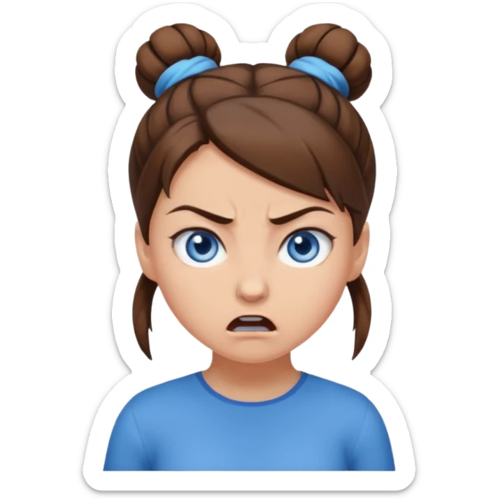 Girl with blue eyes, brown hair in a single bun, angry sticker