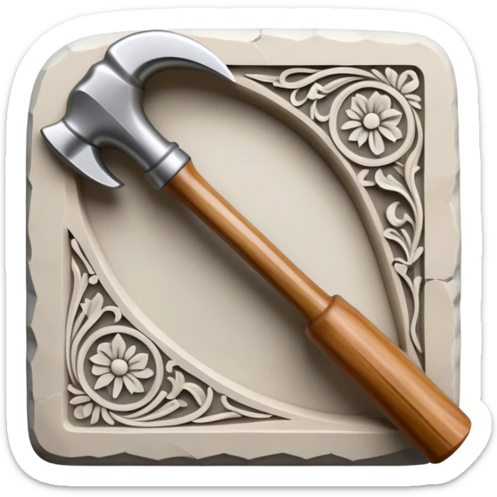 Carving icon, stone, bone, and horn being carved with chisels, fine detailed patterns visible, carving tools like hammer and chisel, minimalistic style, clean lines, transparent background. sticker