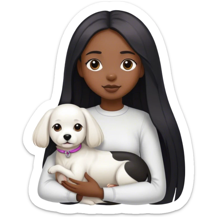 Black long straight girl holding a white dog and a black and white dog sticker