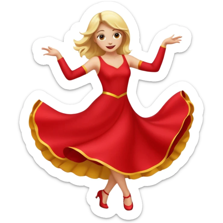 a yellow-blonde woman dancing wearing a red dress, in flat emoji / Apple style, smooth shapes, glossy highlights, bright saturated colors, simple features, minimal details, no outlines, red clothes flowing, joyful pose
 sticker