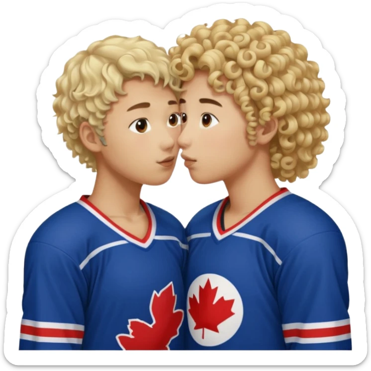 Asian hickey player kissing curly hair blonde hockey player sticker
