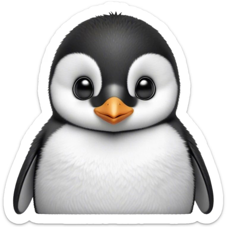 Cinematic Noble Baby Penguin Portrait Emoji, Poised with an air of innocent regality, featuring soft, downy feathers in crisp black and white and wide, soulful eyes, Simplified yet sharp and sophisticated features, highly detailed, glowing with a gentle, dignified polar glow, high shine, intelligent and charming, stylized with an air of cherubic majesty, focused and attentive, soft glowing outline, capturing the essence of a tiny arctic noble that feels as though it could waddle out of the screen with effortless authority! sticker