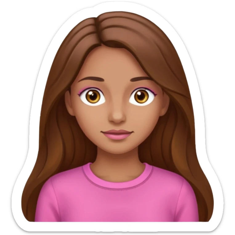 Tan skinned woman with long brown hair, hazel colored eyes, and wearing a pink outfit. sticker